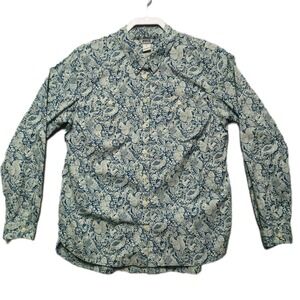 DULUTH TRADING CO Button Down Shirt Mens Large Blue White Paisley Animal Foliage